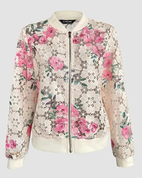 Floral Print Zip Up Water-Soluble Lace Baseball Coat Casual Hollow-out Bomber Crop Jacket Apricot