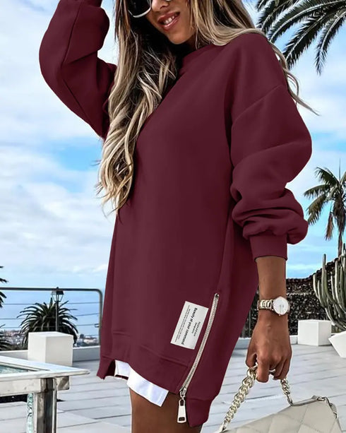 Letter Patch Detail Long Sleeve Drop Shoulder Pullover Sweatshirt Casual Zipper Side Slit Top Wine red