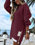 Letter Patch Detail Long Sleeve Drop Shoulder Pullover Sweatshirt Casual Zipper Side Slit Top Wine red