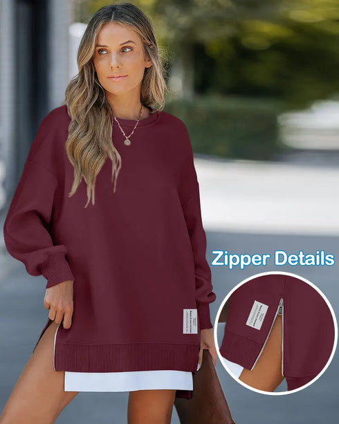 Long Sleeve Pocket Design Pullover Sweatshirt Casual Faux Two Piece Longline Drawstring Hooded Top Wine red
