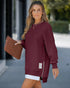 Letter Patch Detail Long Sleeve Drop Shoulder Pullover Sweatshirt Casual Zipper Side Slit Top Wine red