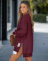 Letter Patch Detail Long Sleeve Drop Shoulder Pullover Sweatshirt Casual Zipper Side Slit Top Wine red
