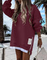 Long Sleeve Pocket Design Pullover Sweatshirt Casual Faux Two Piece Longline Drawstring Hooded Top Wine red