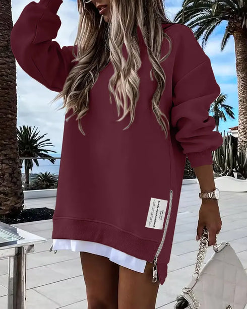 Letter Patch Detail Long Sleeve Drop Shoulder Pullover Sweatshirt Casual Zipper Side Slit Top Wine red