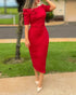 3D Flower Decor Round Neck Puff Sleeve Bodycon Dress Casual Ruched Slit Zipper Back Work Dress red
