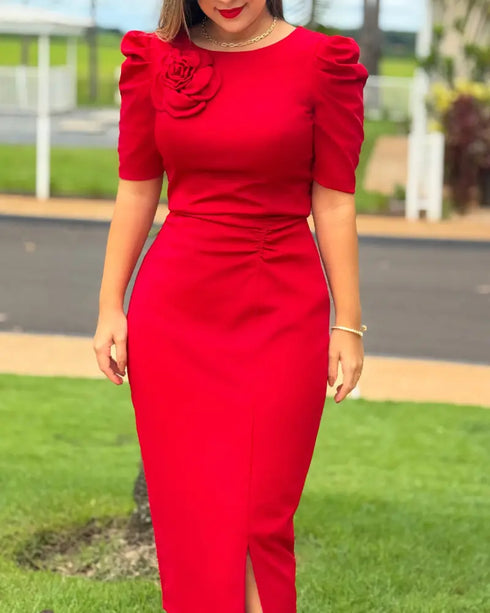 3D Flower Decor Round Neck Puff Sleeve Bodycon Dress Casual Ruched Slit Zipper Back Work Dress red