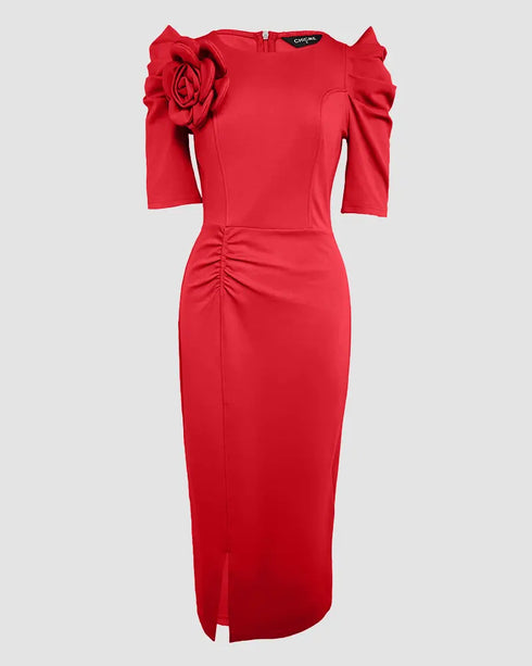 3D Flower Decor Round Neck Puff Sleeve Bodycon Dress Casual Ruched Slit Zipper Back Work Dress red