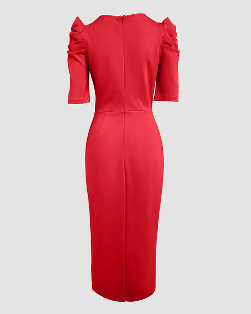 3D Flower Decor Round Neck Puff Sleeve Bodycon Dress Casual Ruched Slit Zipper Back Work Dress red