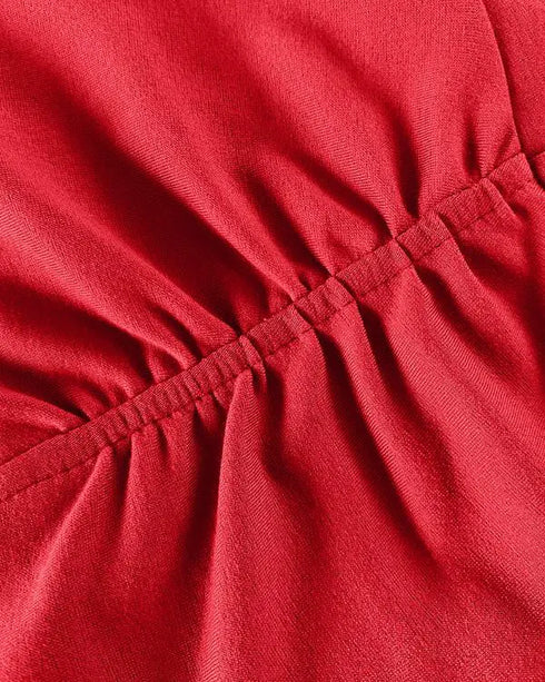 3D Flower Decor Round Neck Puff Sleeve Bodycon Dress Casual Ruched Slit Zipper Back Work Dress red