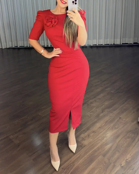 3D Flower Decor Round Neck Puff Sleeve Bodycon Dress Casual Ruched Slit Zipper Back Work Dress red
