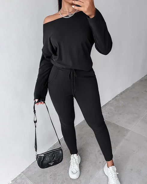 2 Piece Faith Geometric Print Outfit Long Sleeve Skew Neck Pullover Tops Stretchy Waist Pants Set Tracksuit black