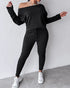 2 Pieces Outfit Long Sleeve Skew Neck Pullover Top and Drawstring Elastic Waist Slim Fit Pants Set black