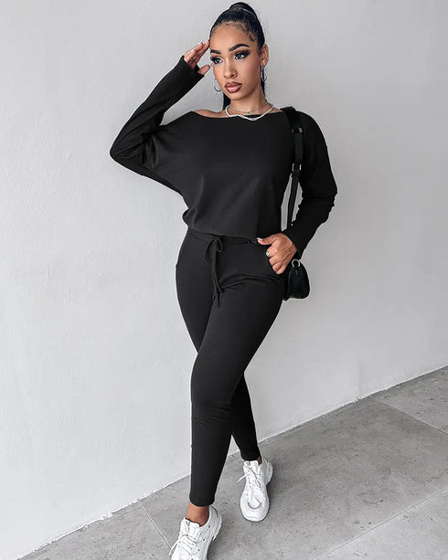 2 Pieces Outfit Long Sleeve Skew Neck Pullover Top and Drawstring Elastic Waist Slim Fit Pants Set black
