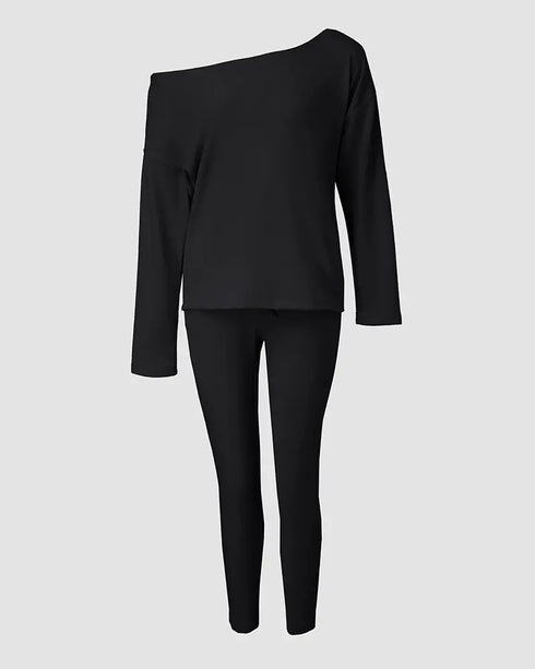 2 Pieces Outfit Long Sleeve Skew Neck Pullover Top and Drawstring Elastic Waist Slim Fit Pants Set black