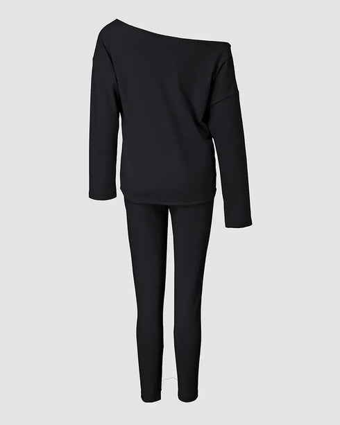 2 Piece Faith Geometric Print Outfit Long Sleeve Skew Neck Pullover Tops Stretchy Waist Pants Set Tracksuit black