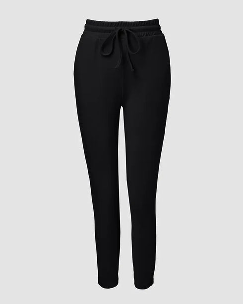 2 Pieces Outfit Long Sleeve Skew Neck Pullover Top and Drawstring Elastic Waist Slim Fit Pants Set black