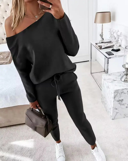 2 Piece Faith Geometric Print Outfit Long Sleeve Skew Neck Pullover Tops Stretchy Waist Pants Set Tracksuit black