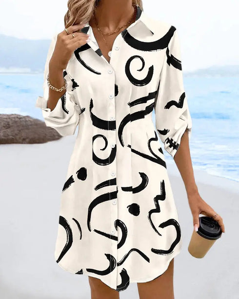 Butterfly Print Turn-down Collar Long Sleeve Casual Shirred Shirt Dress Apricot