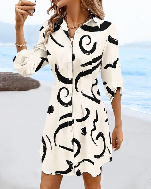 Butterfly Print Turn-down Collar Long Sleeve Casual Shirred Shirt Dress Apricot