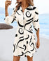 Butterfly Print Turn-down Collar Long Sleeve Casual Shirred Shirt Dress Apricot