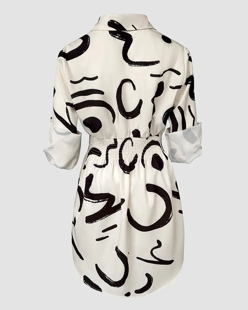 Abstract Print Turn-down Collar Turn-Up Sleeves Shirred Back Dress Casual Button Down Cinched Waist Curved Hem Shirt Dress Apricot