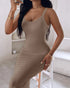Spaghetti Strap U-Neck Casual Maxi Dress Slim Fit Cami Vacation Dress coffee