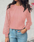 Floral Pattern Contrast Sequin Sheer Mesh Ruched Lantern Sleeve Blouse Elegant Top pink