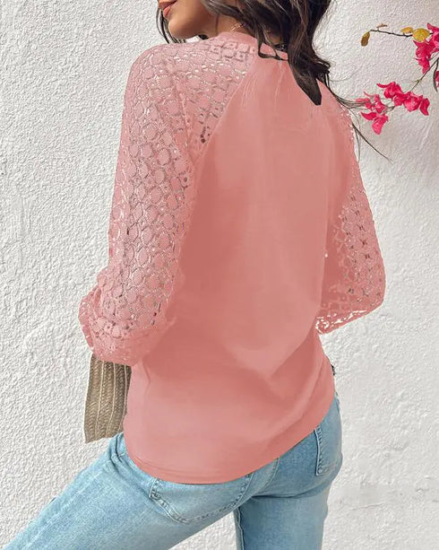 Contrast Lace Round Neck Lantern Sleeve Ruched Blouse Elegant Shirt pink