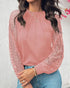 Floral Pattern Contrast Sequin Sheer Mesh Ruched Lantern Sleeve Blouse Elegant Top pink