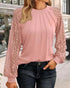 Floral Embroidery Round Neck Lantern Sleeve Blouse Sexy Sheer Mesh Patch Ruched Top pink