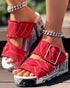Newspaper Buckled Denim Wedge Slippers red