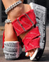 Newspaper Buckled Denim Wedge Slippers red