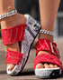 Newspaper Buckled Denim Wedge Slippers red