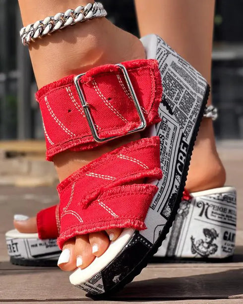 Newspaper Buckled Denim Wedge Slippers red
