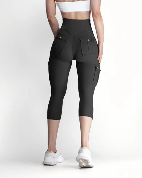 Butt Lifting Biker Capris Leggings High Waist Flap Pocket Workout Capris Gym Pants black