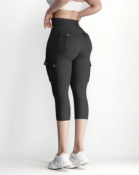 Butt Lifting Biker Capris Leggings High Waist Flap Pocket Workout Capris Gym Pants black