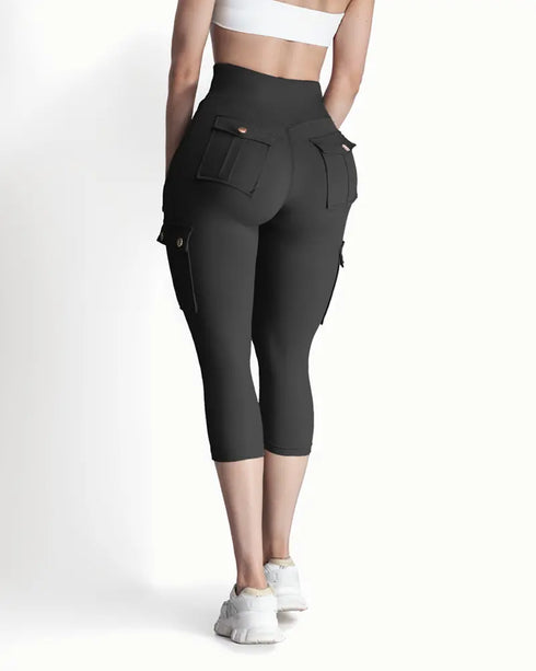 Butt Lifting Biker Capris Leggings High Waist Flap Pocket Workout Capris Gym Pants black