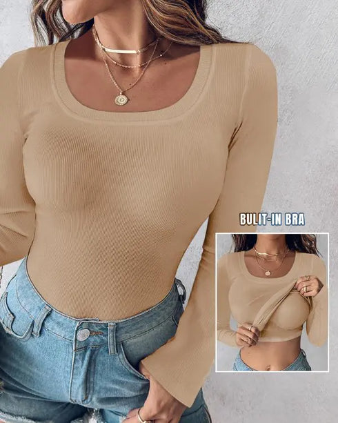 ChicMe Built-in Bra U-Neck Long Sleeve Ribbed Top khaki