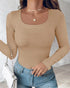 ChicMe Built-in Bra U-Neck Long Sleeve Ribbed Top khaki