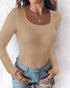 ChicMe Built-in Bra U-Neck Long Sleeve Ribbed Top khaki