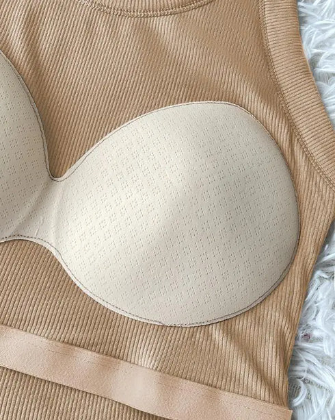 ChicMe Built-in Bra U-Neck Long Sleeve Ribbed Top khaki