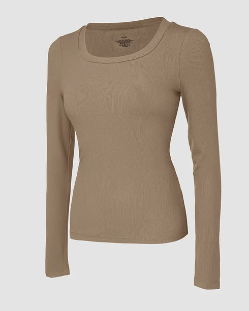 ChicMe Built-in Bra U-Neck Long Sleeve Ribbed Top khaki