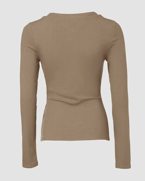 ChicMe Built-in Bra U-Neck Long Sleeve Ribbed Top khaki