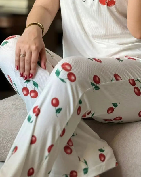2 Pieces Outfit Letter & cherry Print Short Sleeve Frill Trim Top and Elastic Waist Pants Set Casual Ribbed Pajamas Set white