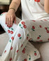 2 Pieces Outfit Letter & cherry Print Short Sleeve Frill Trim Top and Elastic Waist Pants Set Casual Ribbed Pajamas Set white