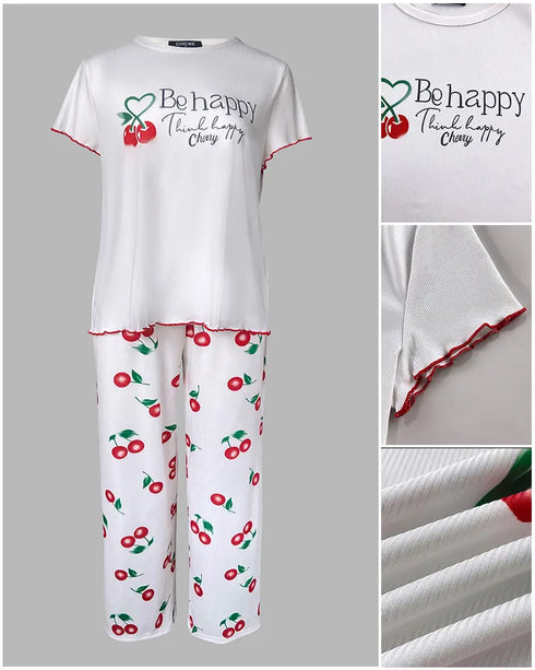 2 Pieces Outfit Letter & cherry Print Short Sleeve Frill Trim Top and Elastic Waist Pants Set Casual Ribbed Pajamas Set white