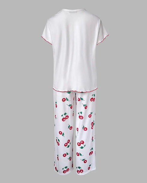 2 Pieces Outfit Letter & cherry Print Short Sleeve Frill Trim Top and Elastic Waist Pants Set Casual Ribbed Pajamas Set white