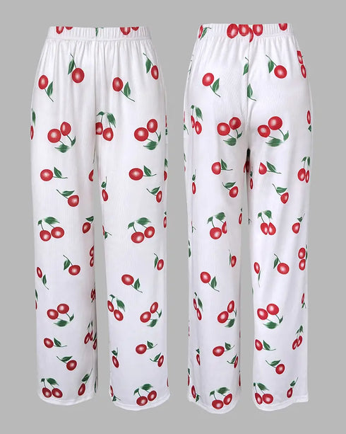 2 Pieces Outfit Letter & cherry Print Short Sleeve Frill Trim Top and Elastic Waist Pants Set Casual Ribbed Pajamas Set white