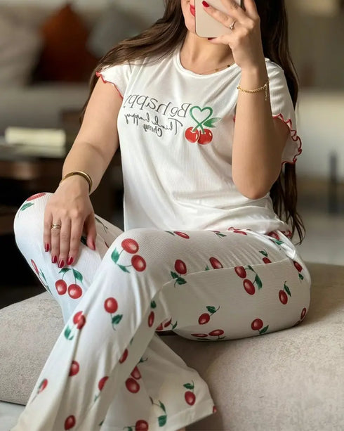 2 Pieces Outfit Letter & cherry Print Short Sleeve Frill Trim Top and Elastic Waist Pants Set Casual Ribbed Pajamas Set white