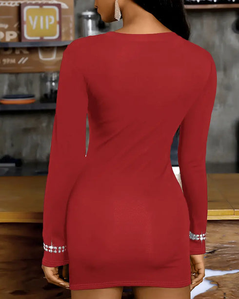 Studded One Shoulder Long Sleeve Bodycon Dress red